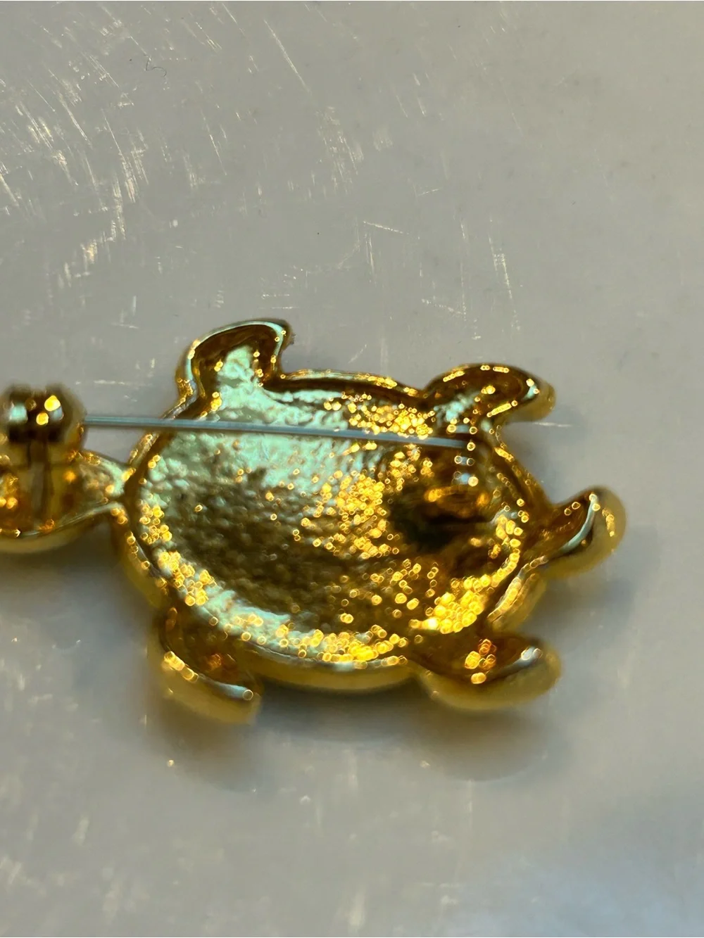 Vintage Gold tone Turtle Brooch with Multicolored Rhinestones